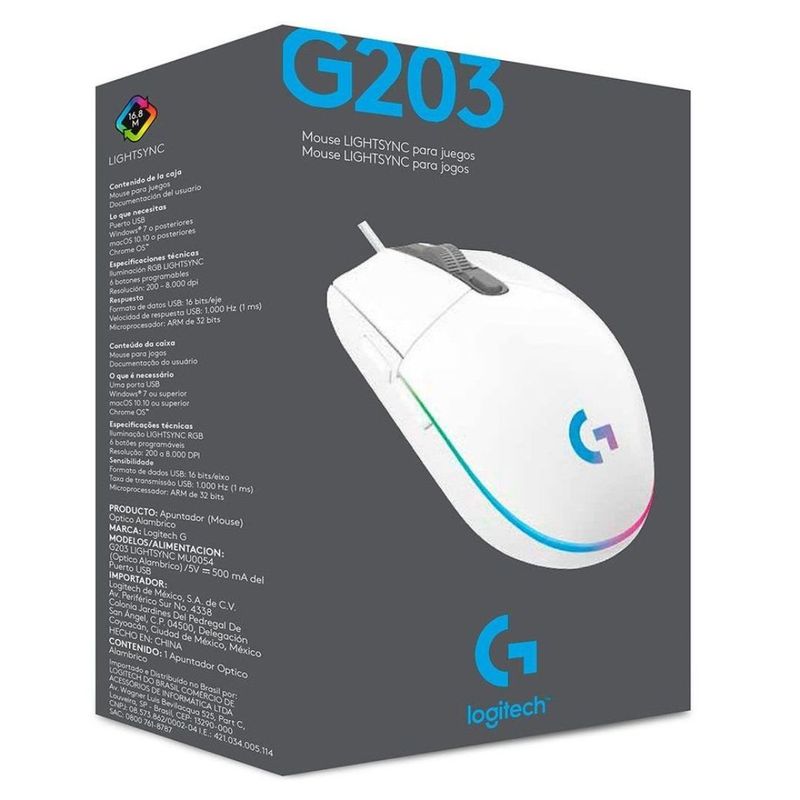 LOGITECH - MOUSE LOGITECH G203 GAMING LIGHTSYNC BLANCO  910-005791