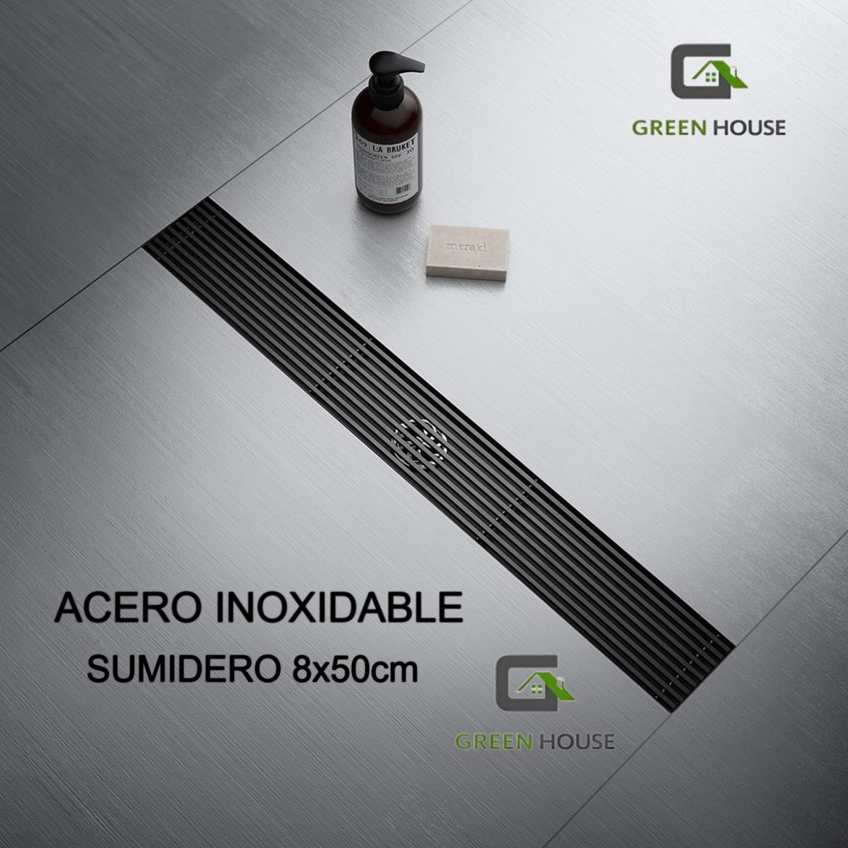 GREEN HOUSE - SUMIDERO DE ACERO SUS 304 RECTANGULAR 8 x 50 CM NEGRO
