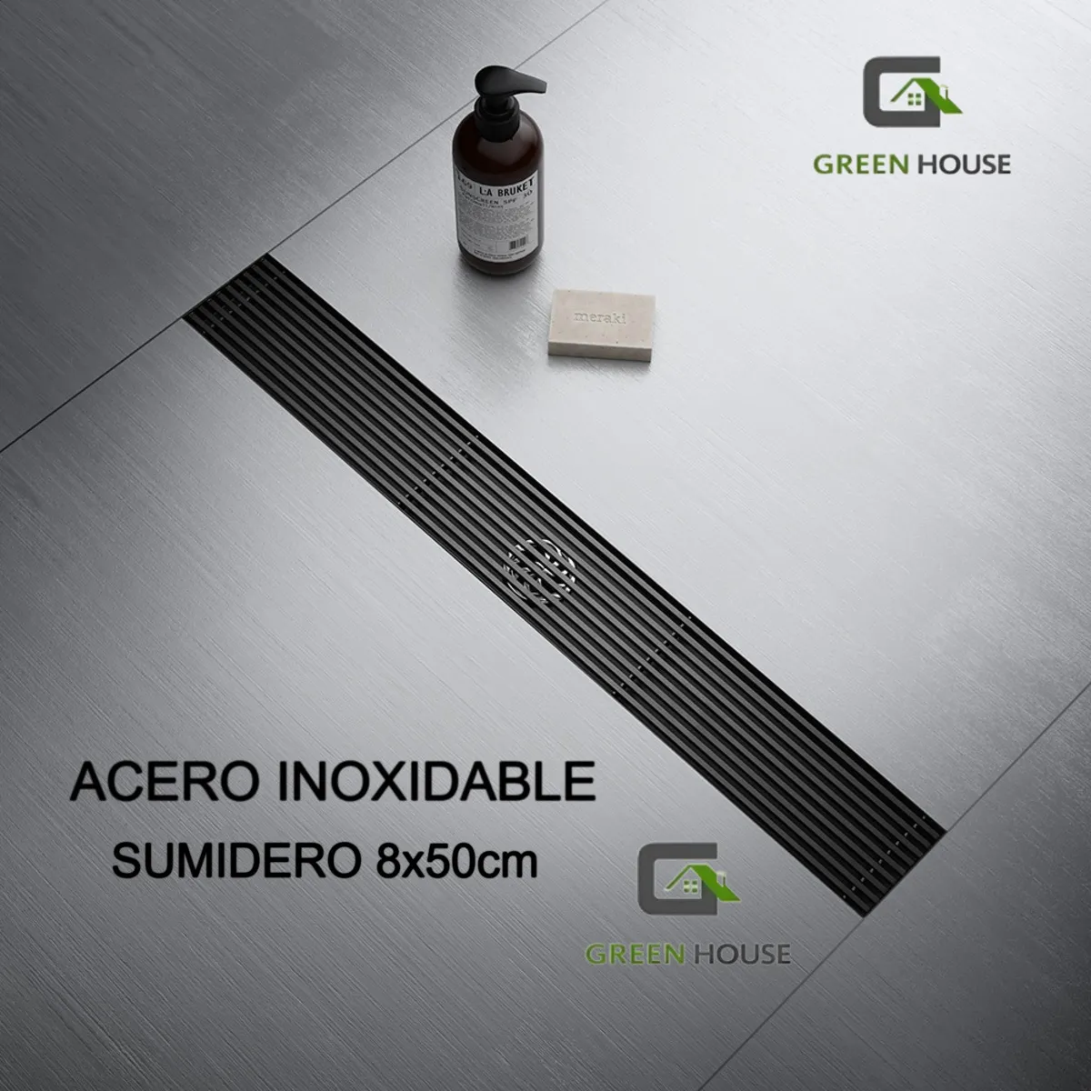 GREEN HOUSE - SUMIDERO DE ACERO SUS 304 RECTANGULAR 8 x 50 CM NEGRO