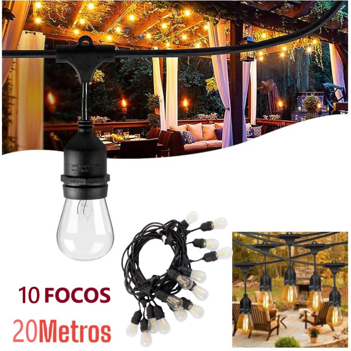 GENERICO - Guirnalda 10 Bombillas 20 metros LED Vintage Jardin Fiestas