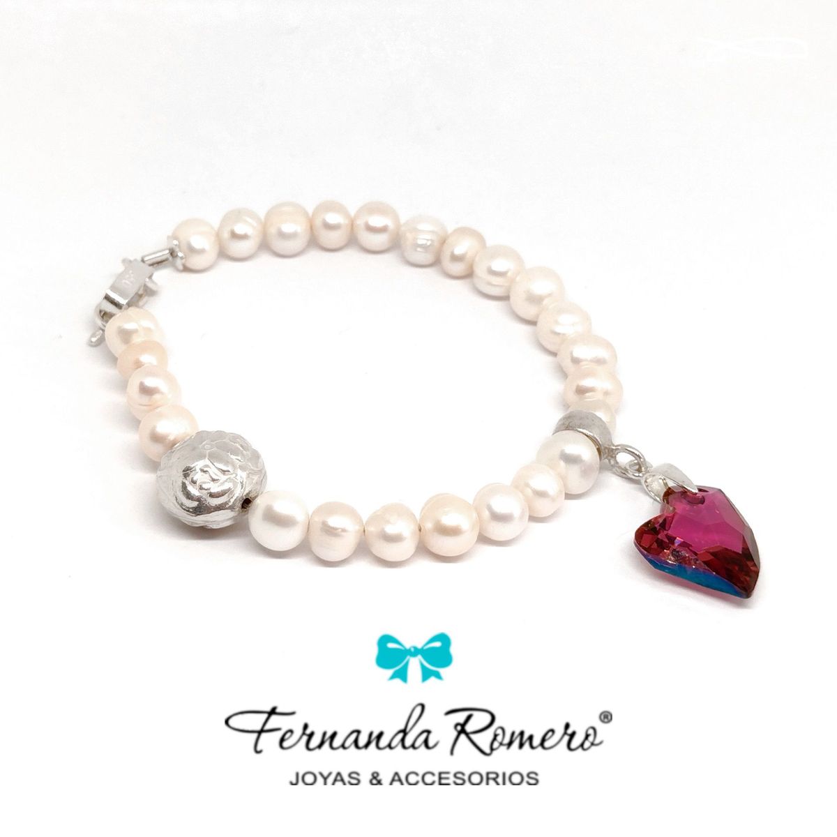 FERNANDA ROMERO JOYAS Y ACCESORIOS - Pulsera Devoted 2 You Corazón de Cristal y Perlas de Rio