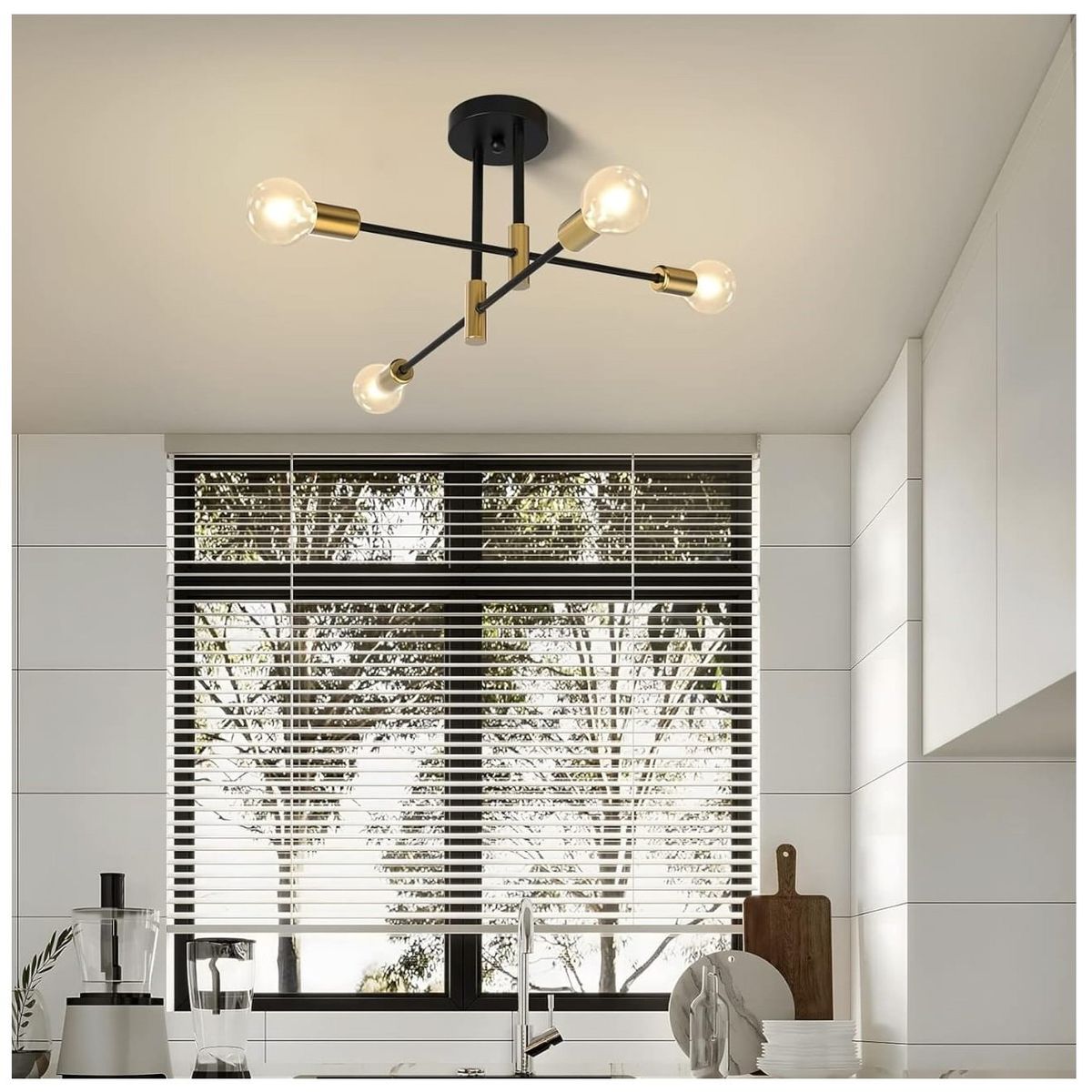 GENERICO - Lámpara colgante araña color negro dorado Incluye bombillas