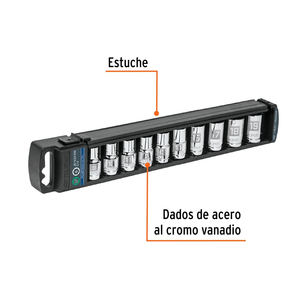 TRUPER - Juego de 10 dados cuadro 1/2" mm Truper