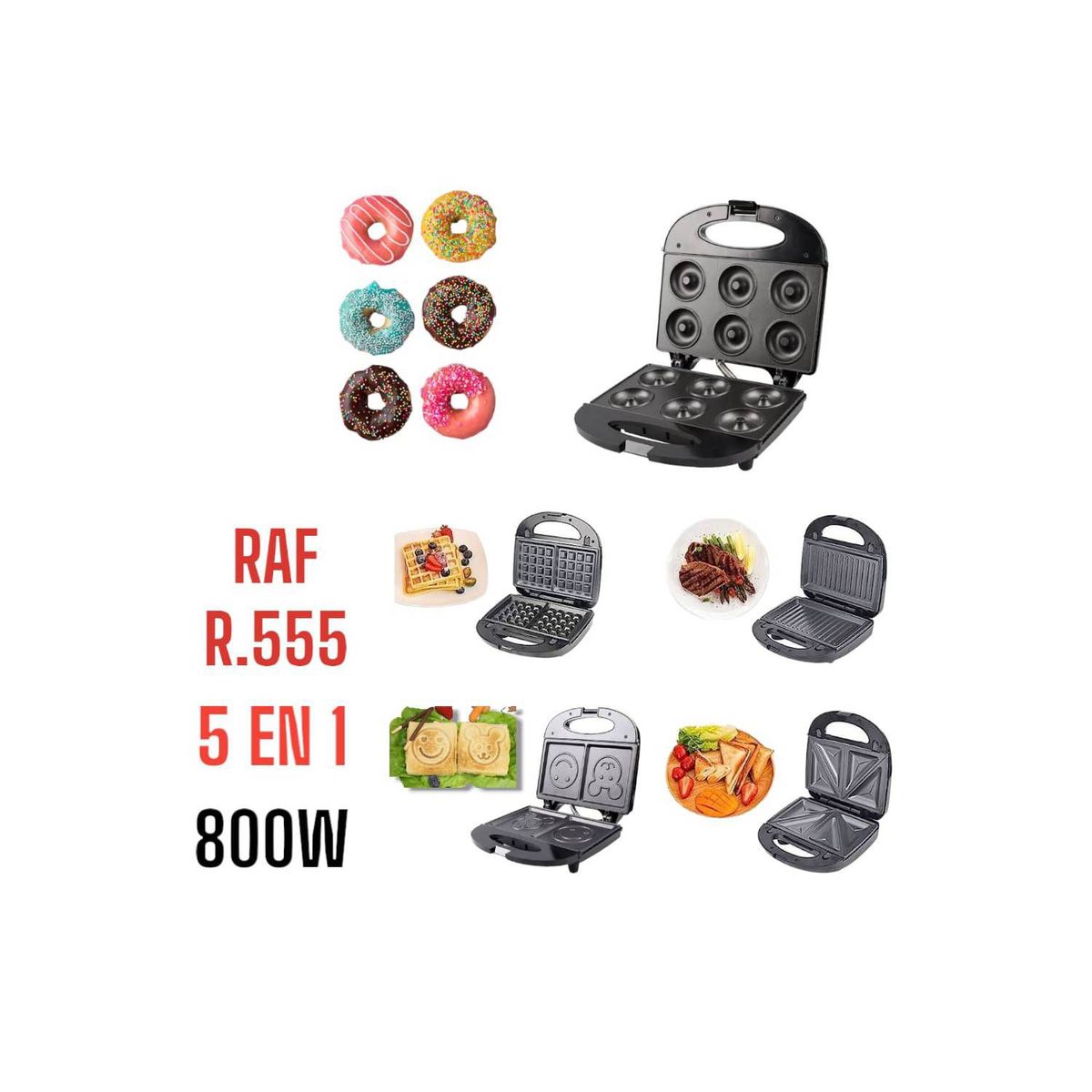 GENERICO - 5 en 1 Máquina para Donas Sandwich Grill Waffles 800Watts RAF