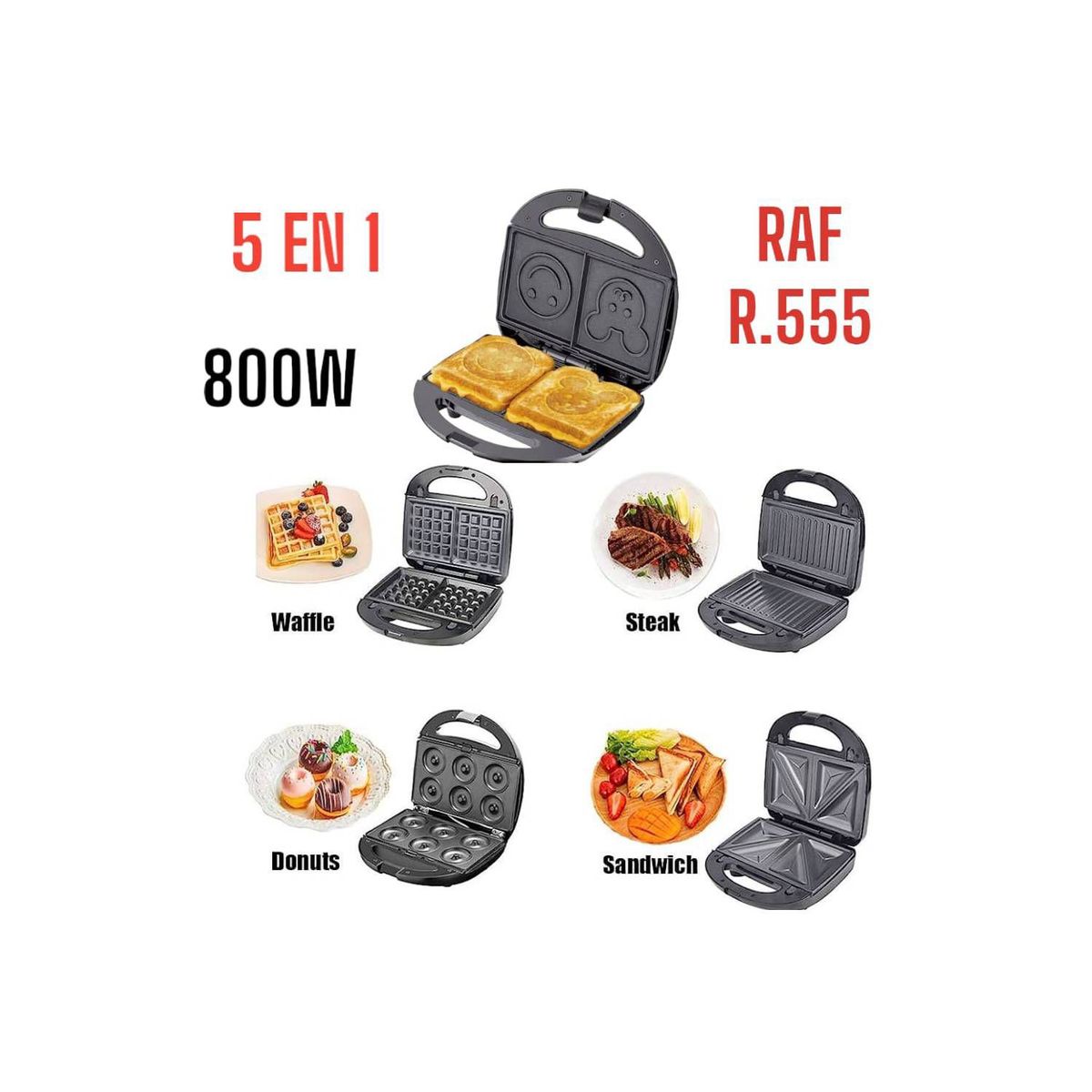 GENERICO - 5 en 1 Máquina para Donas Sandwich Grill Waffles 800Watts RAF