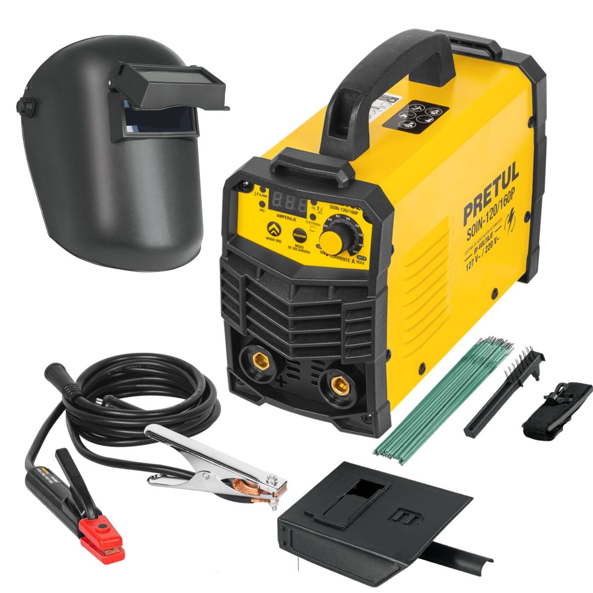 PRETUL - Combo Soldadora inversora 160A  mascara de soldar electrodos Pretul