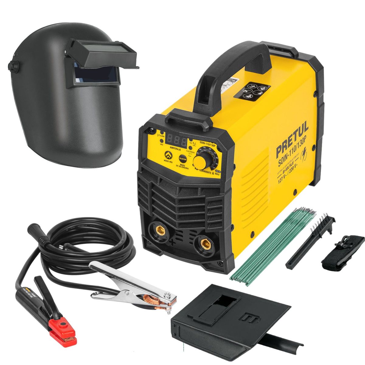 PRETUL - Combo Soldadora inversora 130A mascara de soldar electrodos