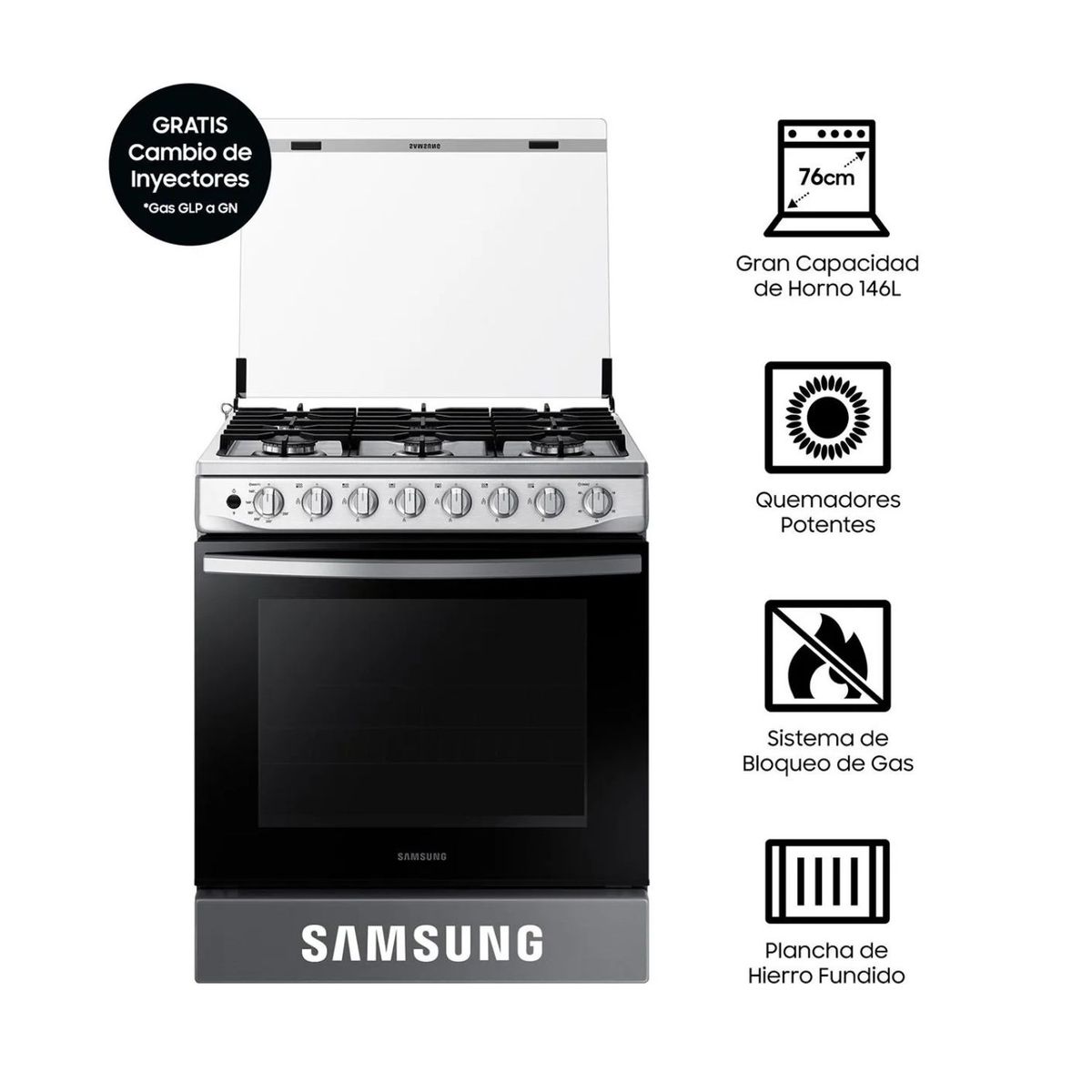 SAMSUNG - Cocina Samsung a Gas 6 hornillas NX52T5311PS,Black Smog