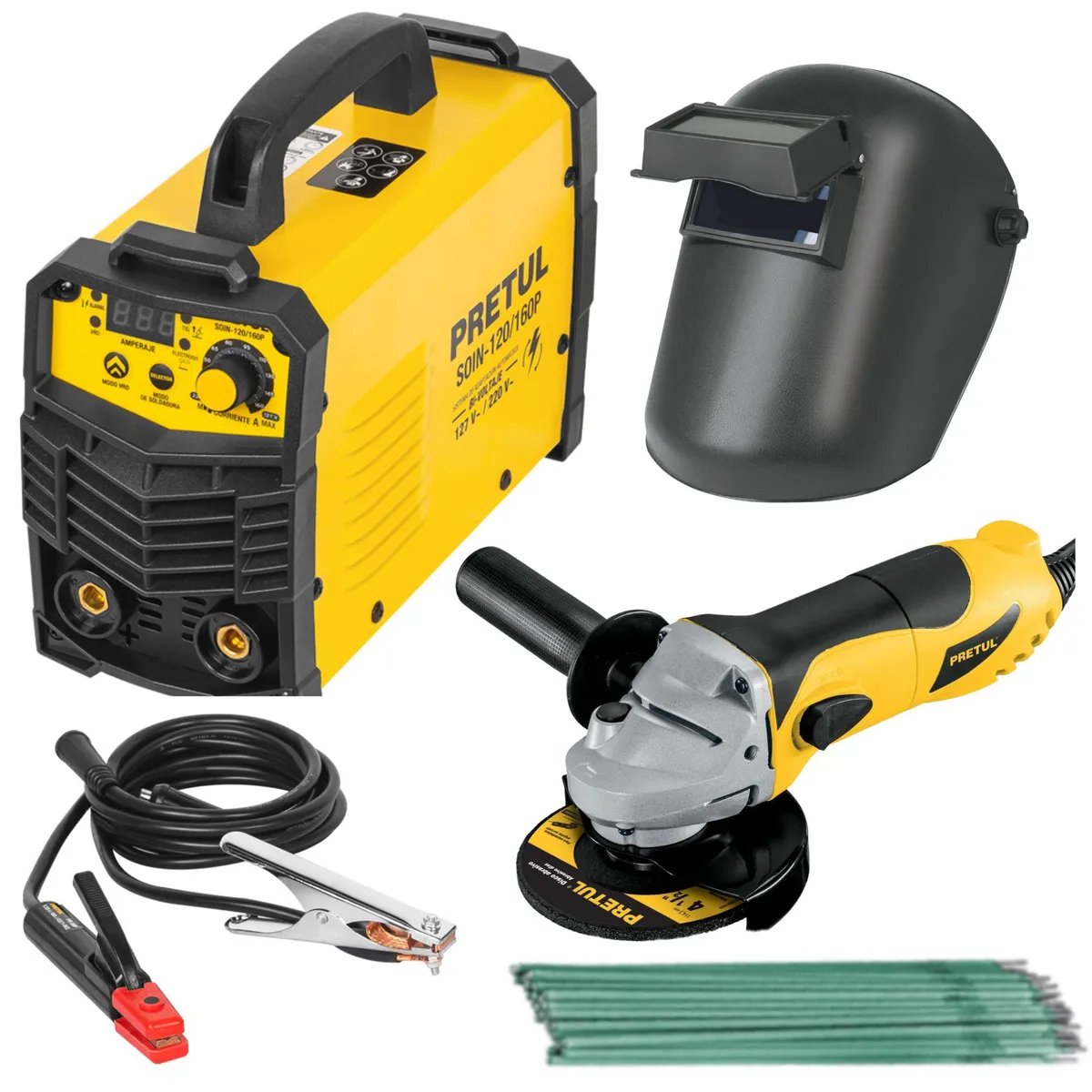 PRETUL - combo soldadora 160A amoladora mascara de soldar electrodos