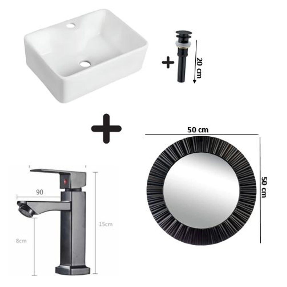 GENERICO - COMBO DE LAVATORIO GRIFERIA COLOR NEGRO DESAGUE y ESPEJO