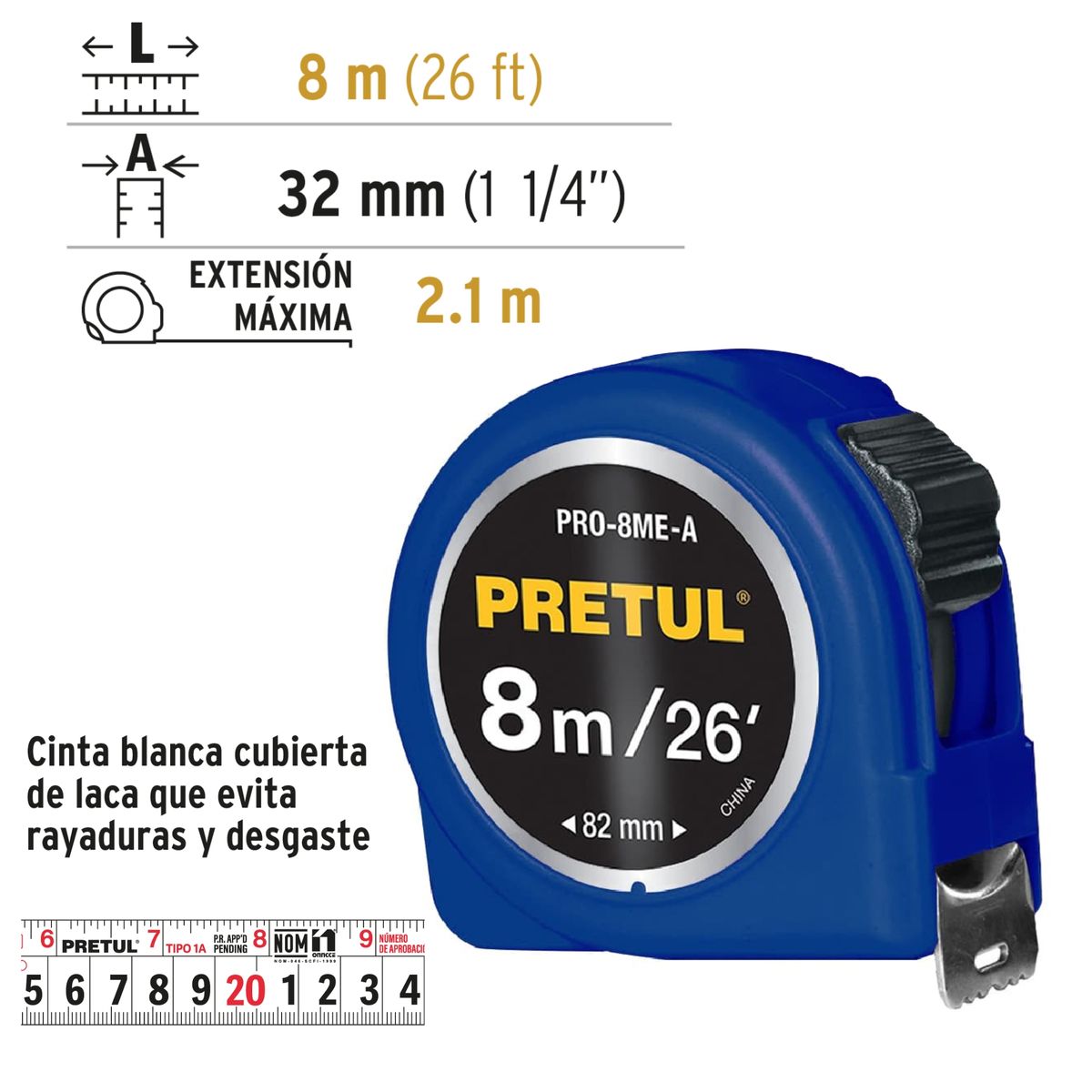 PRETUL - Wincha cinta métrica 8 m azul PRETUL