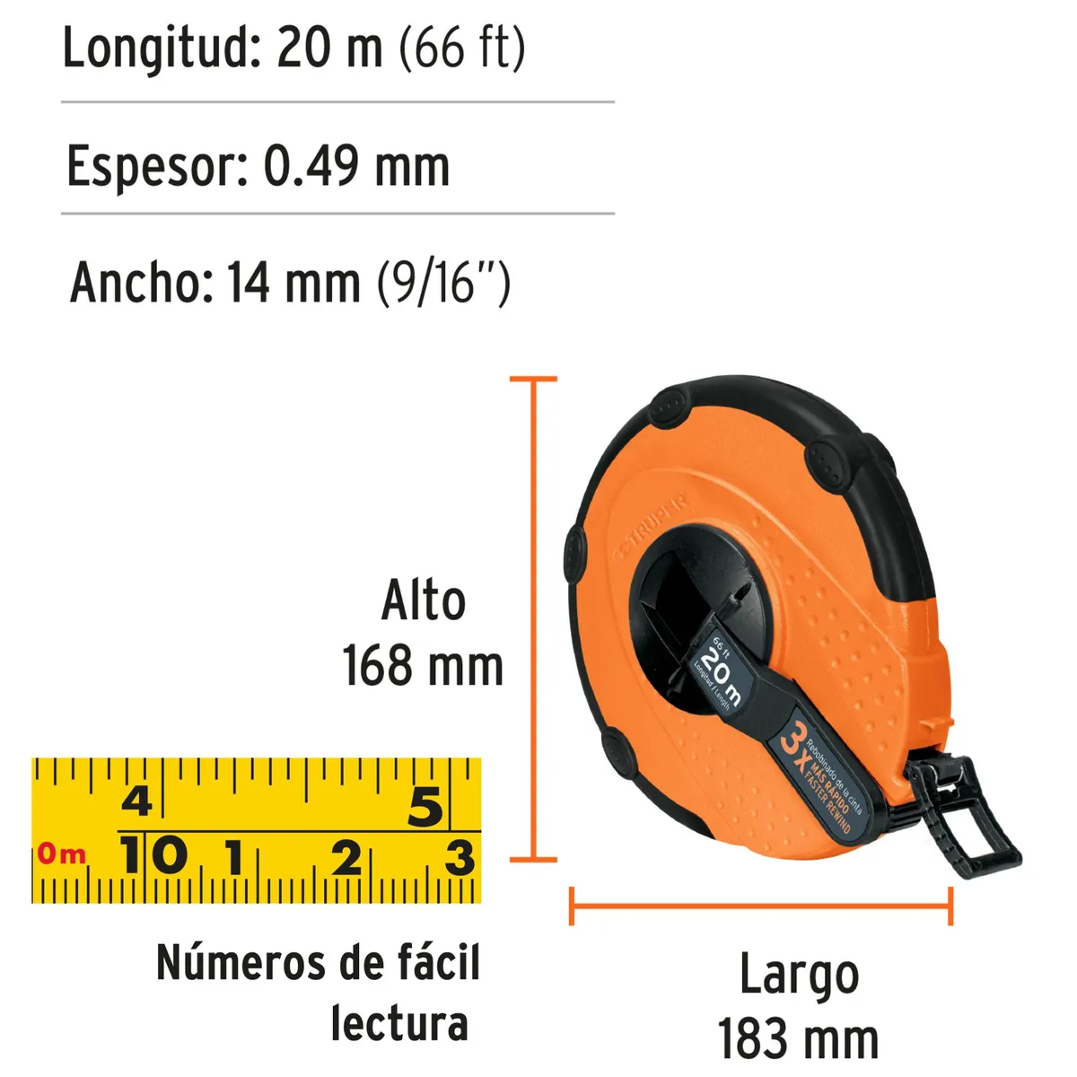 TRUPER - Wincha cinta métrica 20 m, Profesional, flexómetro fibra de vidrio