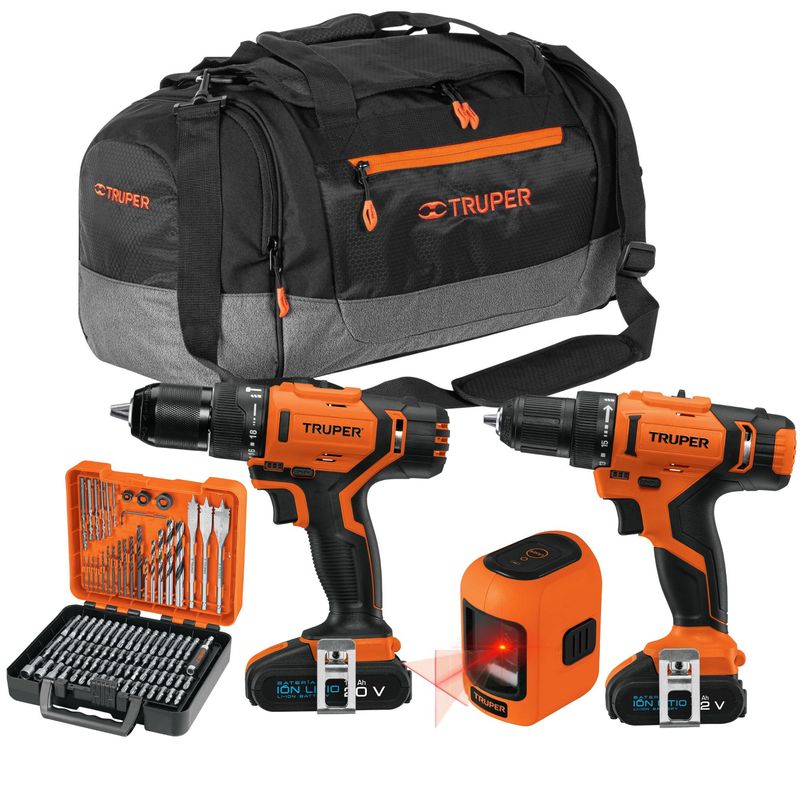 TRUPER - Taladro inalámbrico percutor 20V atornillador12V nivel laser maleta