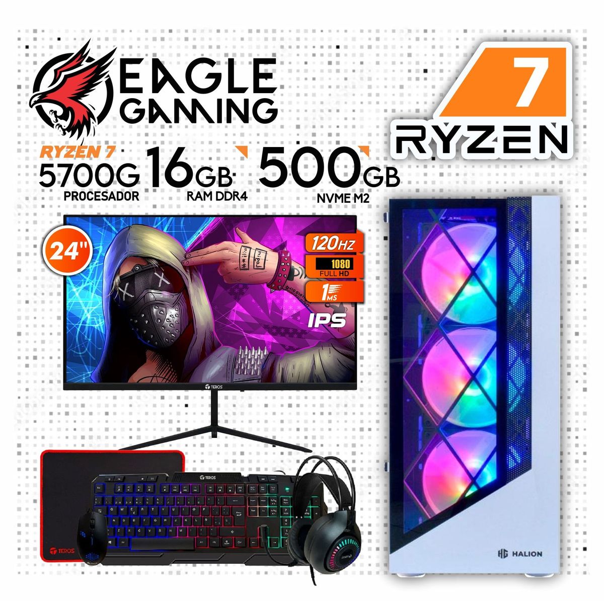 AMD - COMPUTADORA PC GAMER RYZEN 7 5700G + 16GB RAM + SSD M2 500GB +  Monitor 24 IPS