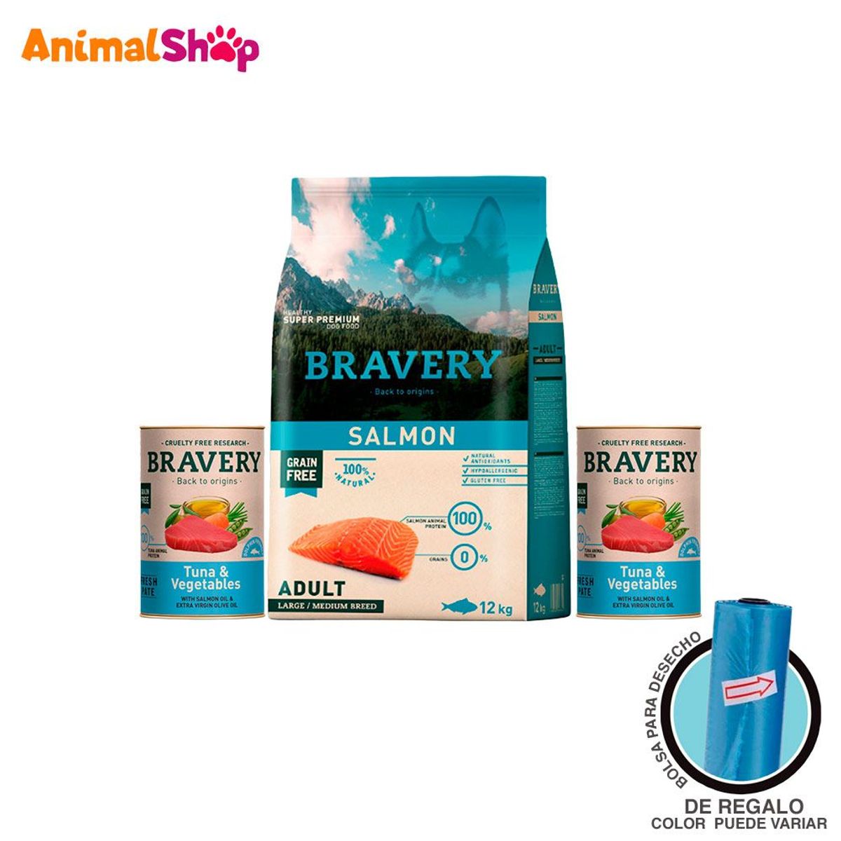 BRAVERY - Comida De Perro Adulto Bravery  Salmón 12 Kg + 2 Lta 290 Gr