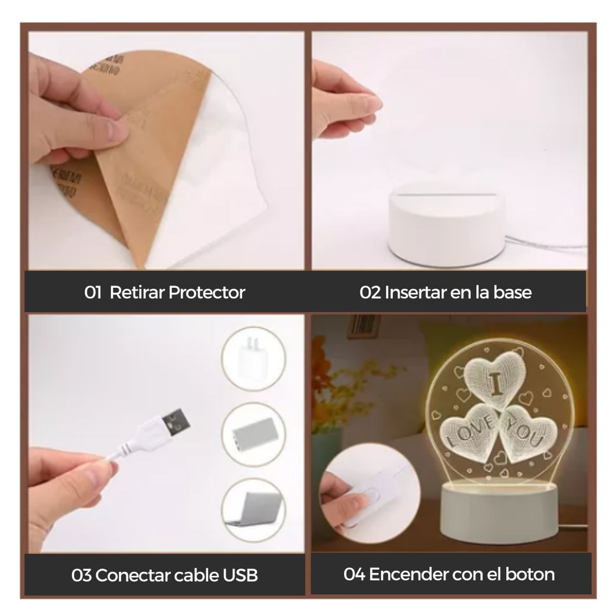 GENERICO - Lámpara de escritorio y luz nocturna diseño 3D carga  USB  Love