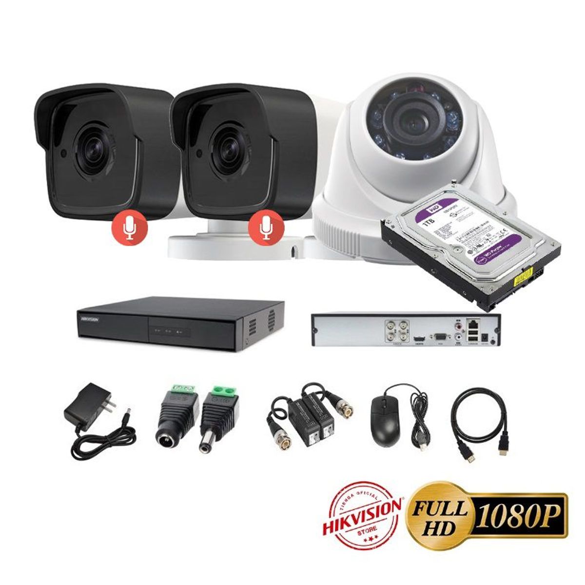 HIKVISION - kit 3 Cámaras Seguridad FULLHD Hikvision + 1TB + AUDIO