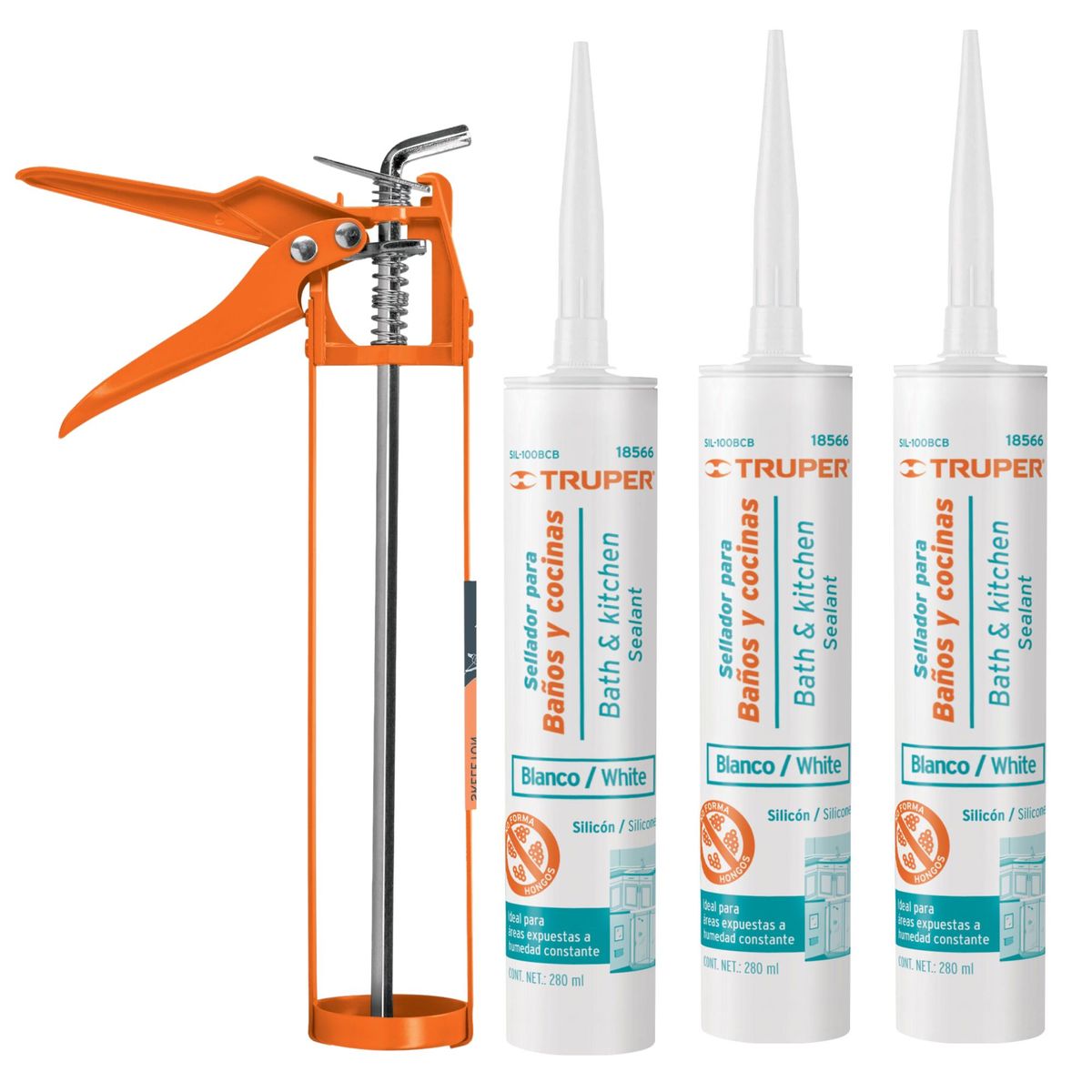 TRUPER - combo Silicona blanca 280 ml, 3 unidades, 1 aplicador de silicona