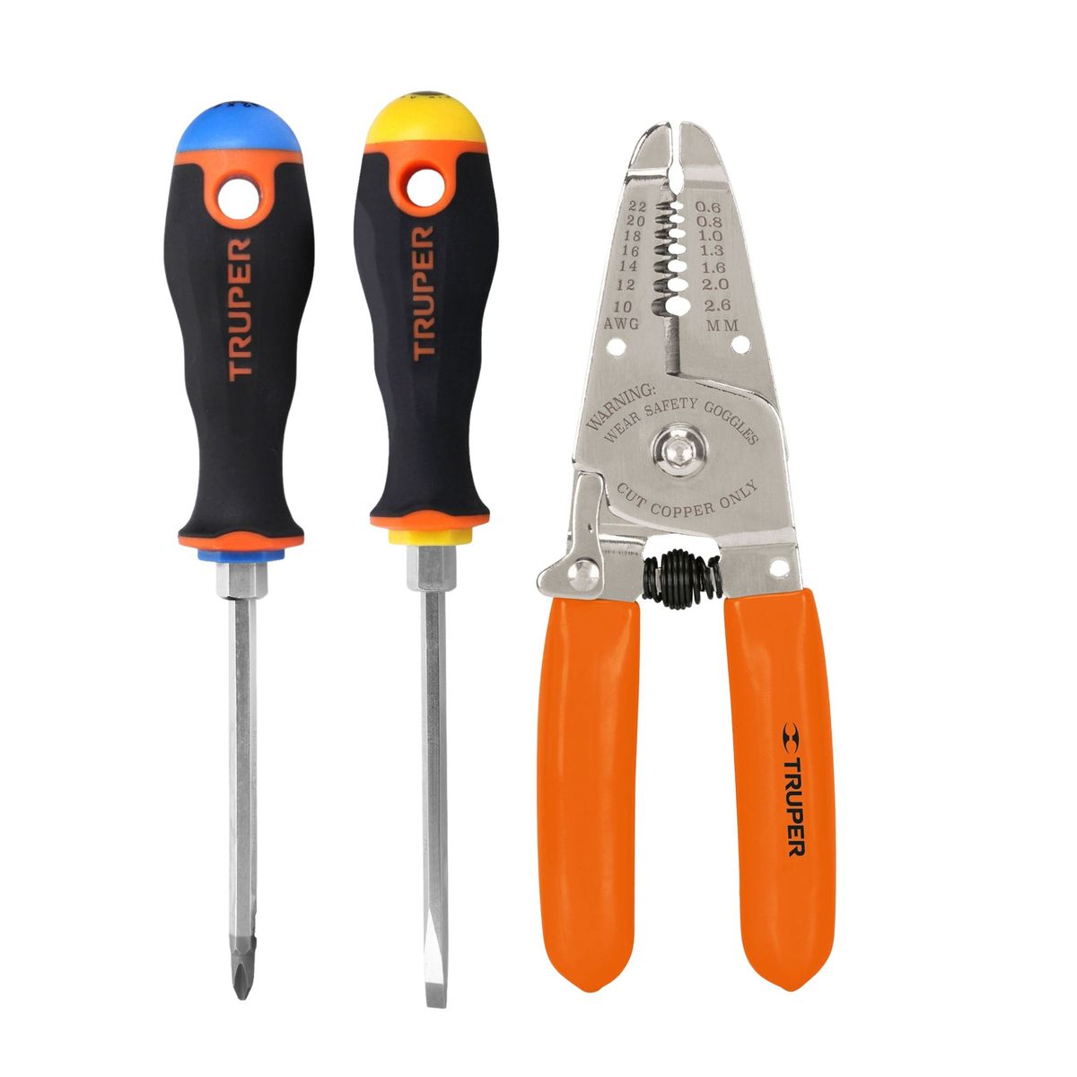 TRUPER - KIT, PELACABLE, 2 DESARMADORES ESTRELLA  Y PLANA, MANGO COMFORT GRIP