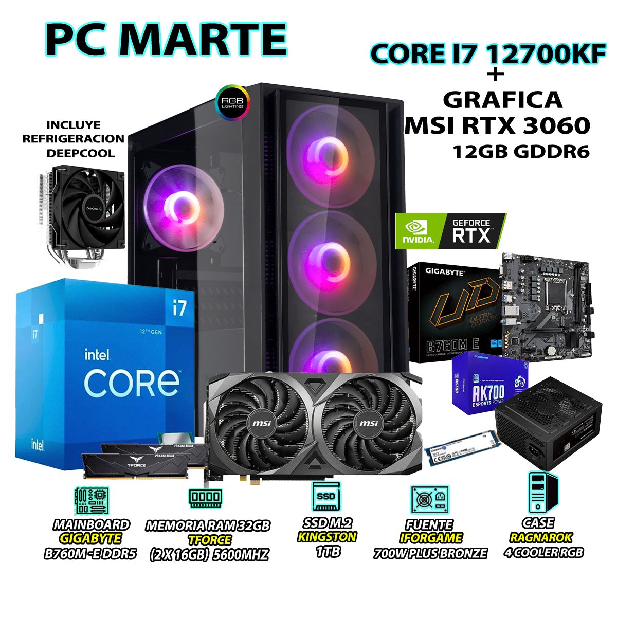 INTEL - Computadora Gamer Core i7 12700KF RAM DDR5 16GB SSD 1TB GRAFICA RTX 3060 12GB