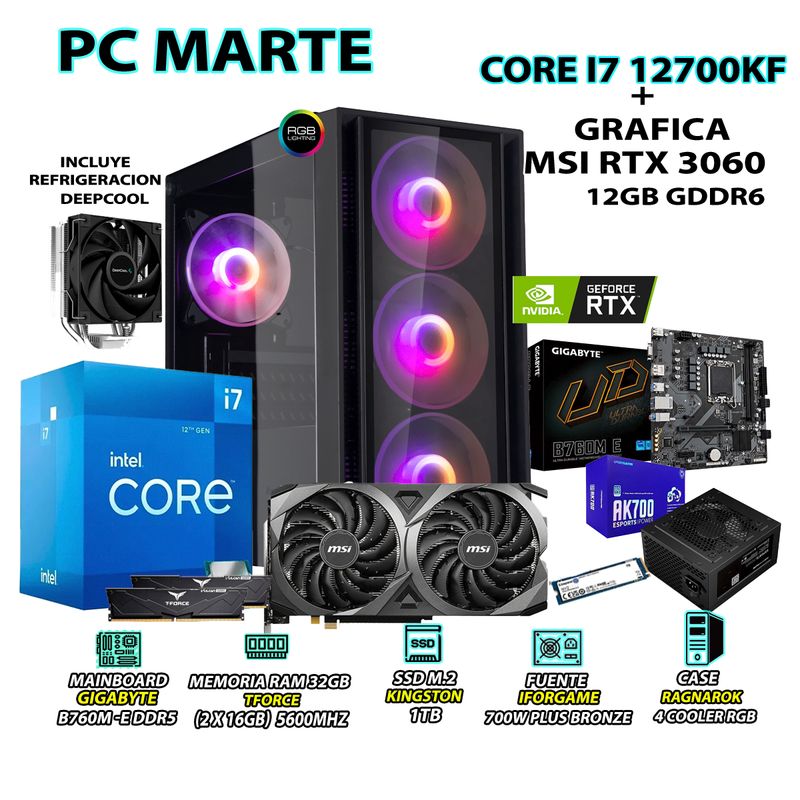 INTEL - Computadora Gamer Core i7 12700KF RAM DDR5 16GB SSD 1TB GRAFICA RTX 3060 12GB