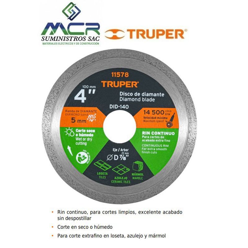 TRUPER - Disco de diamante para corte de 4" x 1.6 mm rin continuo 11578 Truper