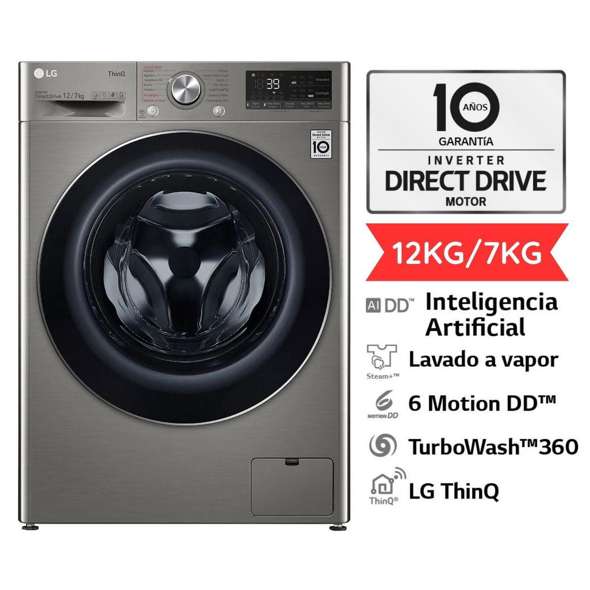 LG - Lavaseca LG 12 Kg / 7 Kg AI DD Carga Frontal  Platino WD12PVC3S6C