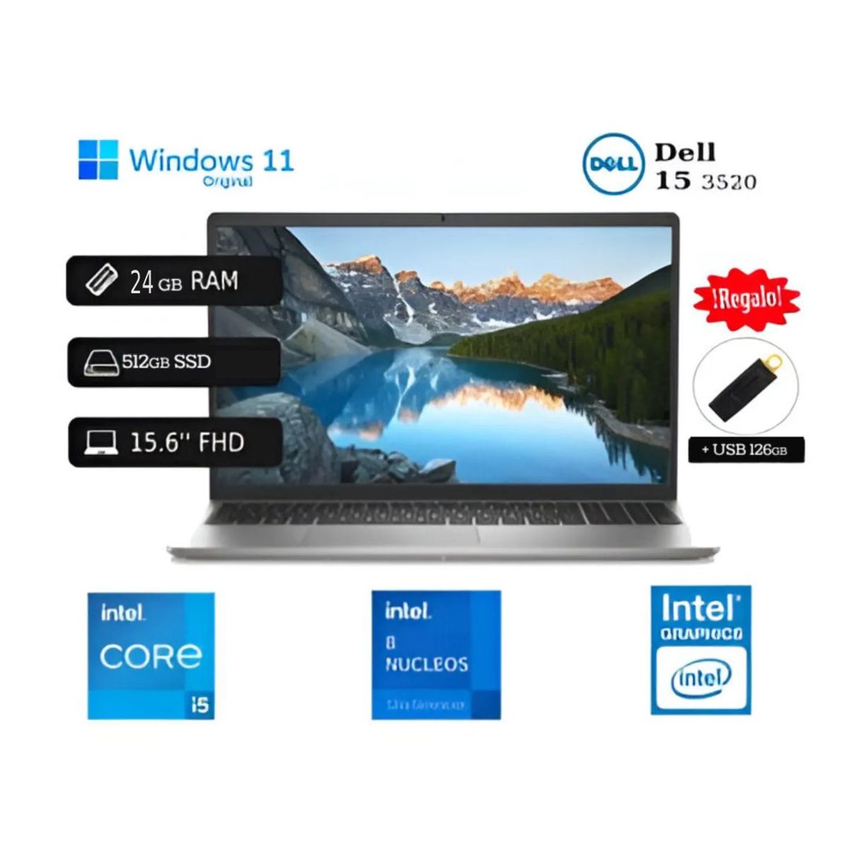 DELL - Laptop Nueva Dell 15 3520 i5 12va 24GB RAM 512GB SSD + 128GB USB + COOLER