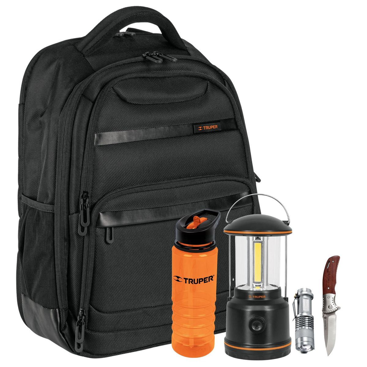 TRUPER - Kit camping, Mochila, tomatodo linterna  cuchilla plegable