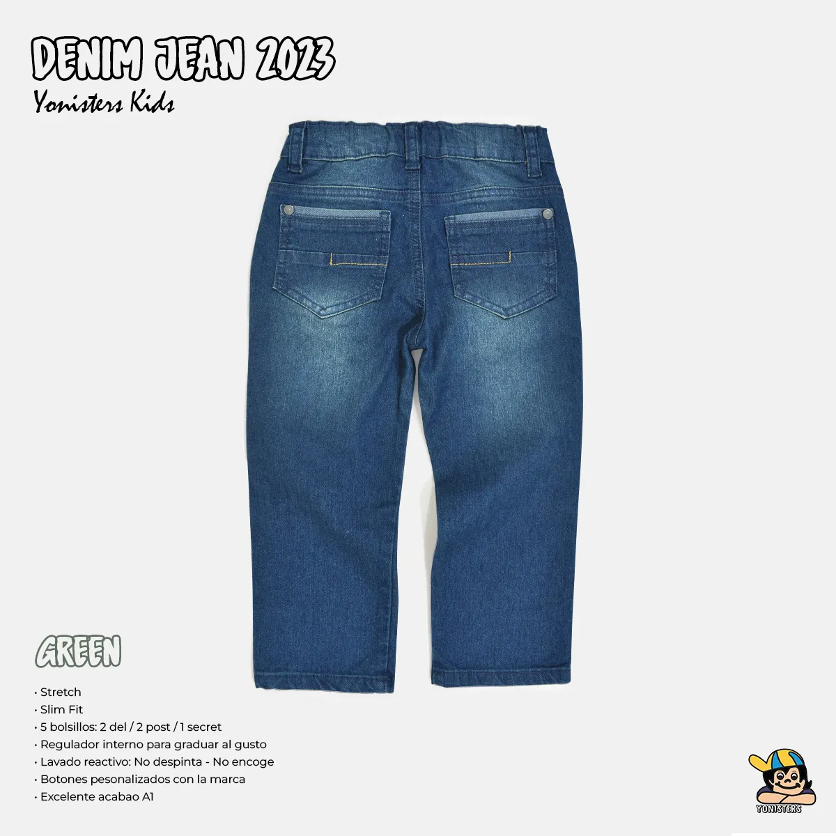 YONISTERS CLOTHING - Pantalón Jeans Stretch  Semipitillo Verde Moda Niños Kids