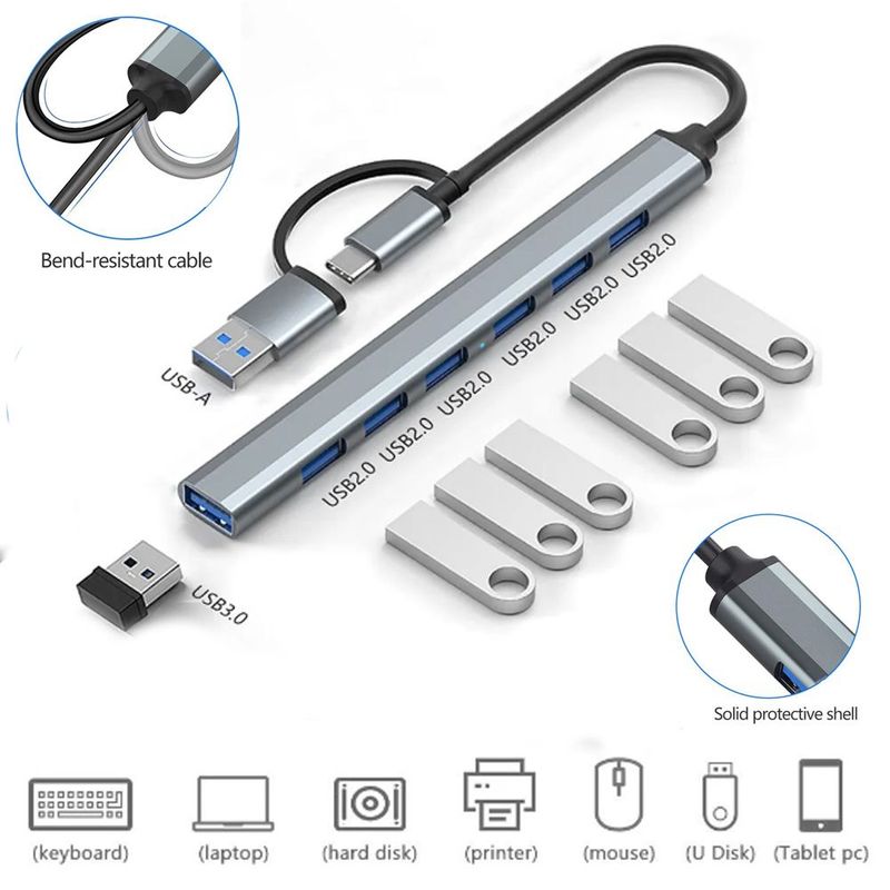 GENERICO - Hub 2 en 1 TIPO C y USB 3.0 6 puertos USB 2.0 y 1 USB 3.0