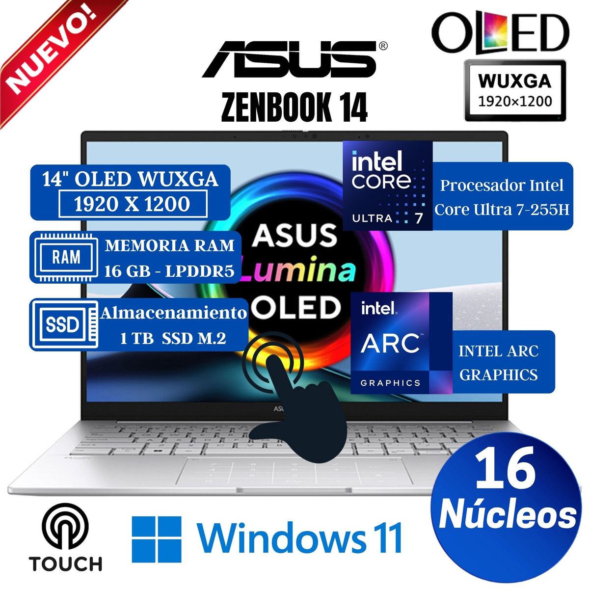 ASUS - Laptop Asus Zenbook 14" OLED WUXGA Touch, Core Ultra 7-255H, Ram 16GB, SSD 1 TB, Win 11 Home