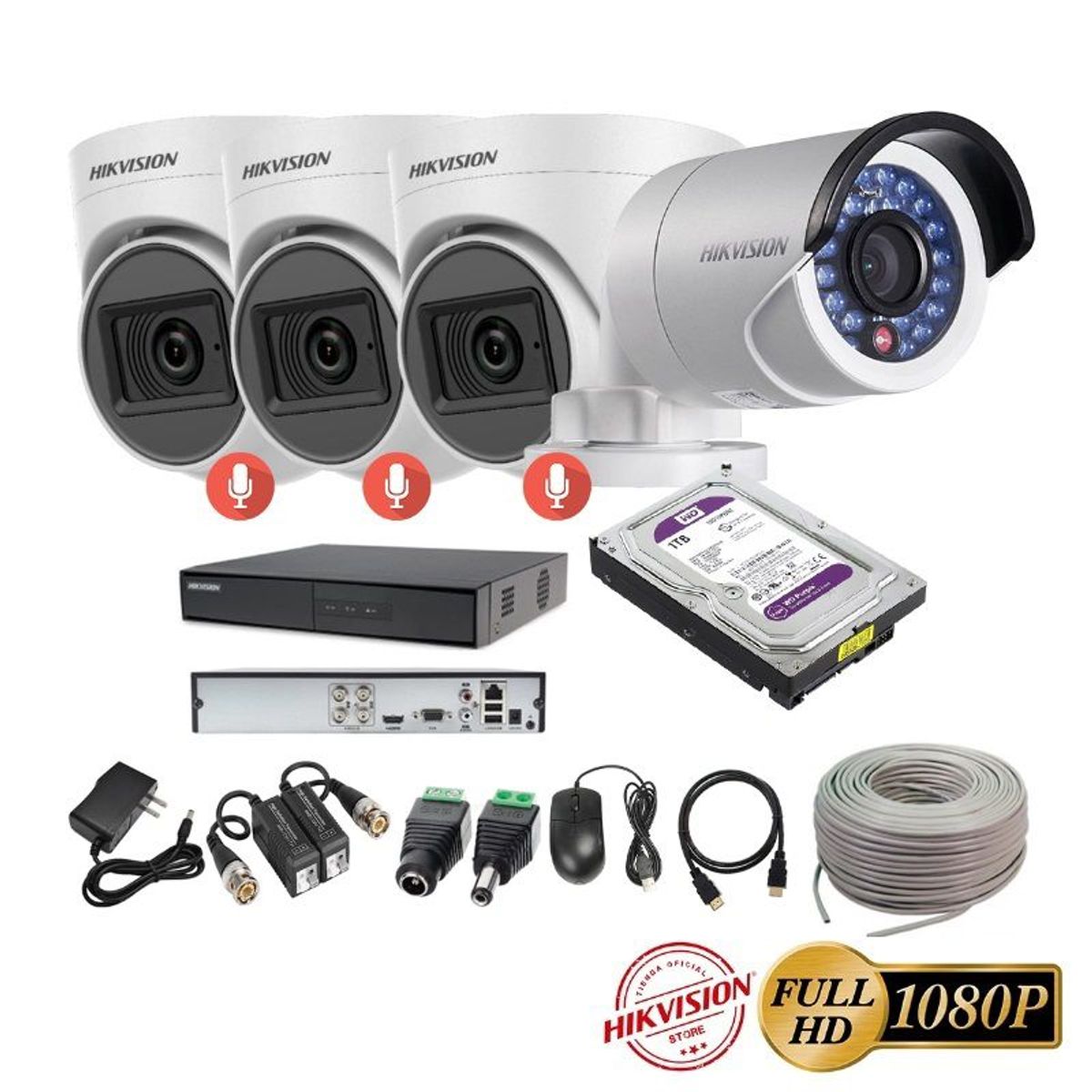 HIKVISION - kit 4 Cámaras Seguridad FULLHD Hikvision + 1TB + AUDIO + Cable