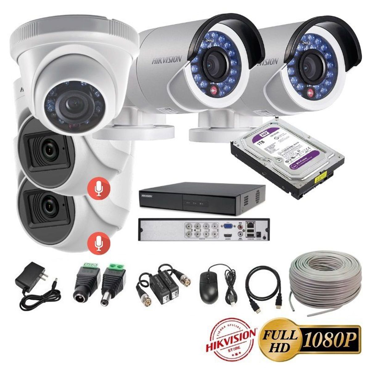 HIKVISION - kit 5 Cámaras Seguridad FULLHD Hikvision + 1TB + AUDIO + Cable