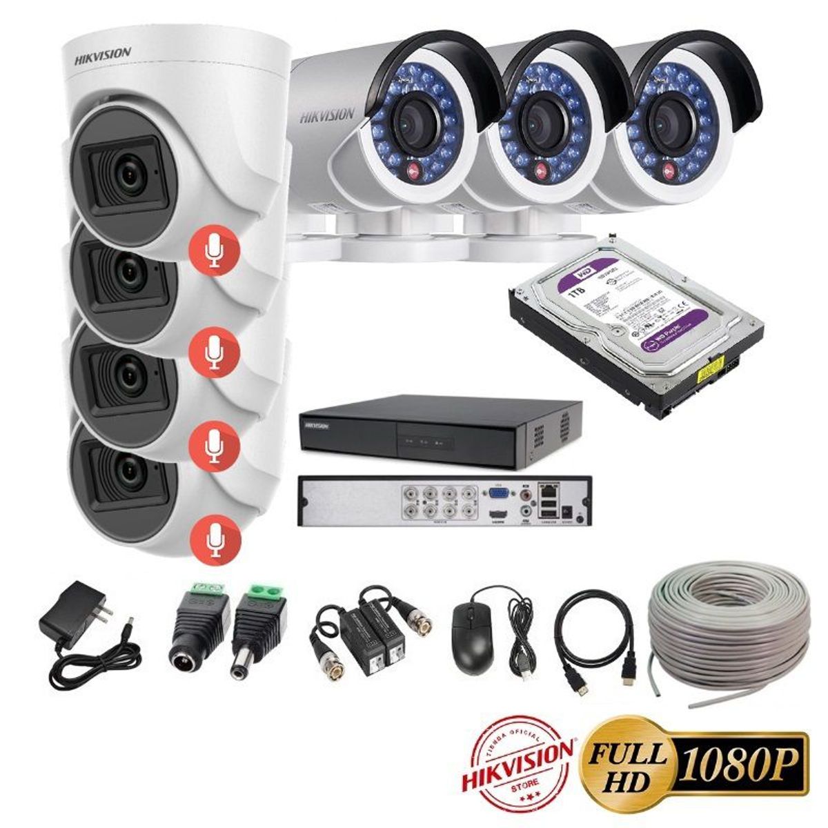 HIKVISION - kit 7 Cámaras Seguridad FULLHD Hikvision + 1TB + AUDIO + Cable