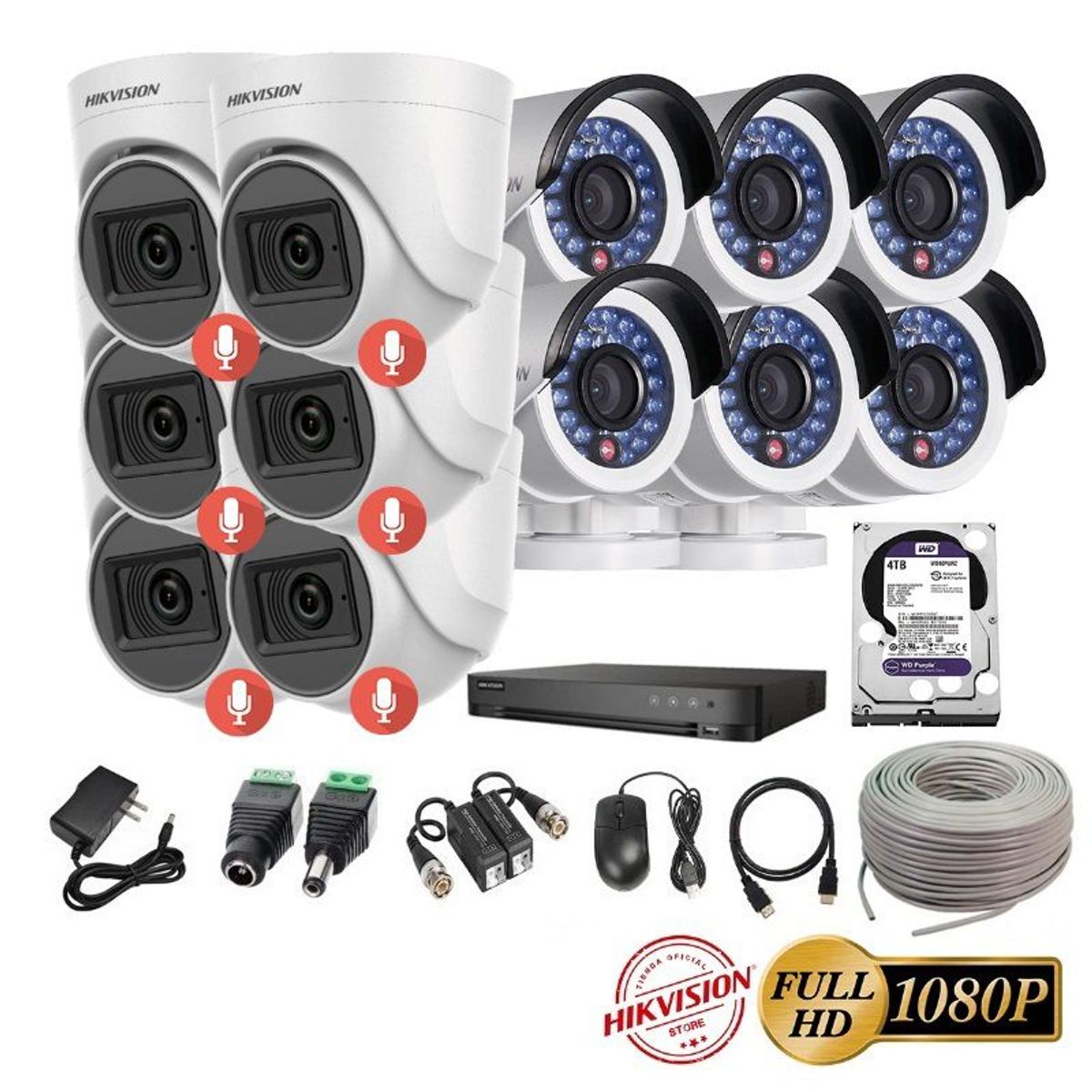 HIKVISION - kit 12 Cámaras Seguridad FULLHD Hikvision + 4TB + AUDIO + Cable