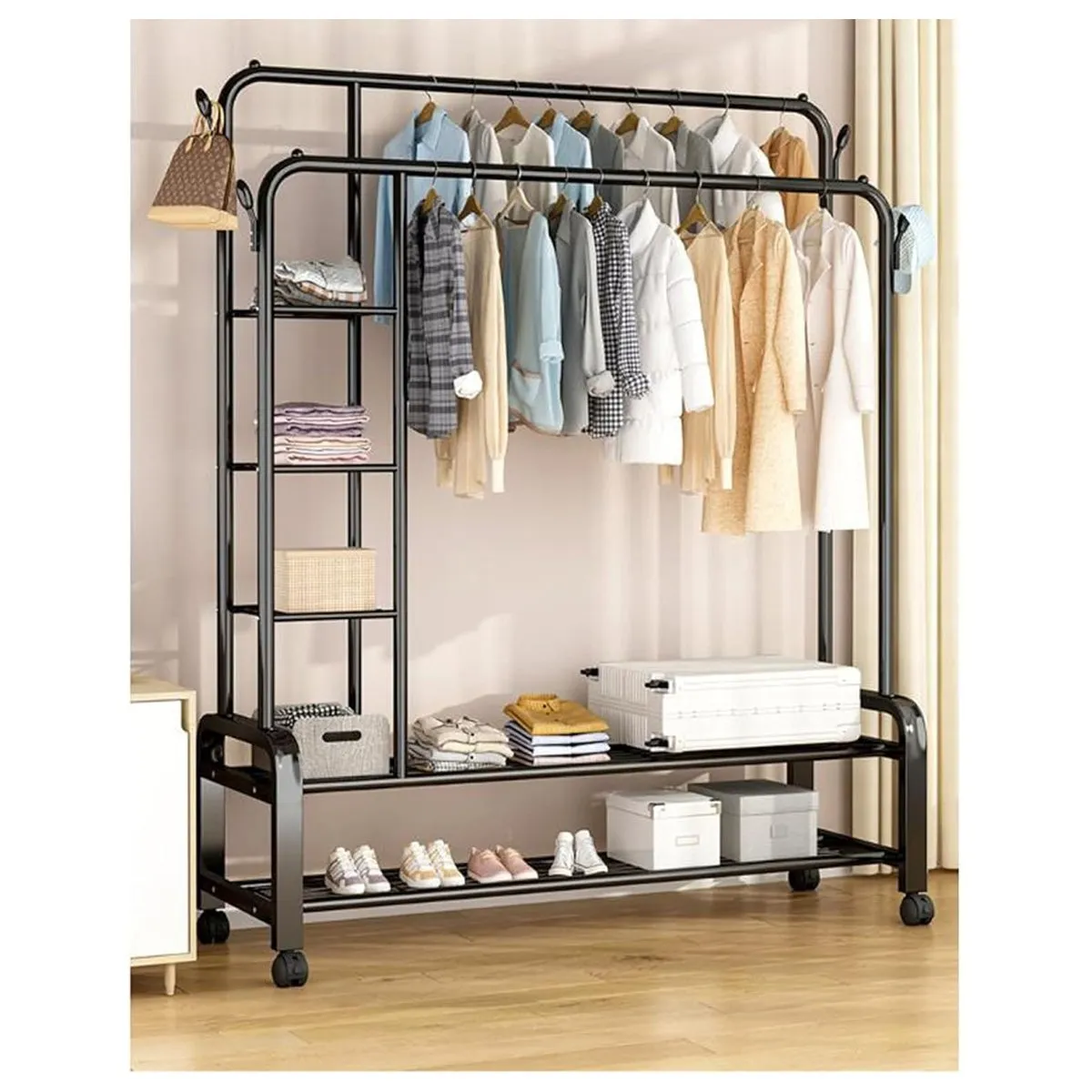 GRETAIL - Perchero Estante Organizador Ropa Zapatos Ruedas Doble FY34 Negro