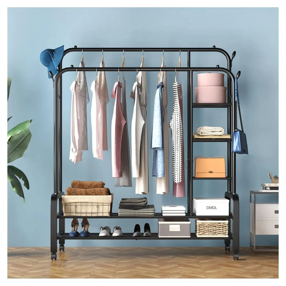 GRETAIL - Perchero Estante Organizador Ropa Zapatos Ruedas Doble FY34 Negro