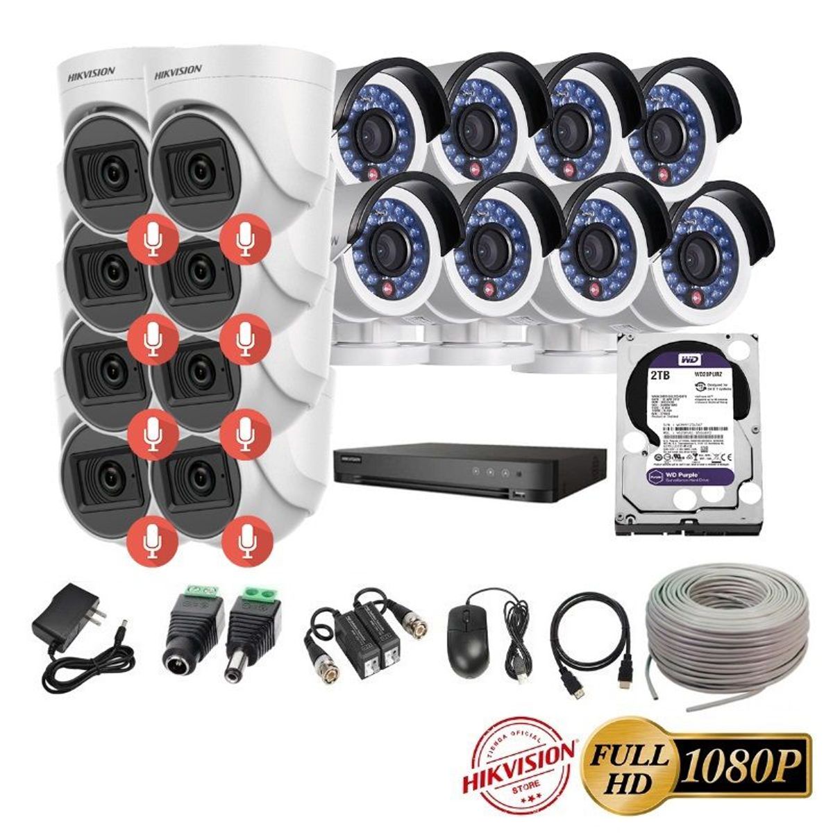 HIKVISION - kit 16 Cámaras Seguridad FULLHD Hikvision + 2TB + AUDIO + Cable