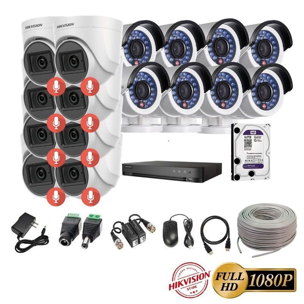 HIKVISION - kit 16 Cámaras Seguridad FULLHD Hikvision + 6TB + AUDIO + Cable