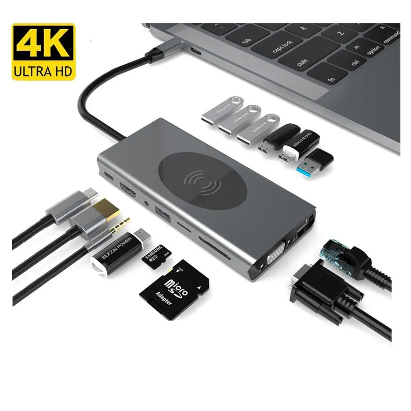 OEM - Hub Estacion 15 en 1 Tipo C Gigabit 4k Multiport carga Inalambrica