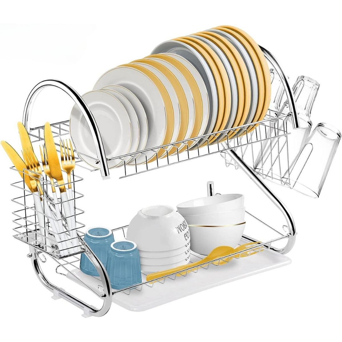 MINARI - Escurridor de Platos Cubiertos Vasos Organizador de 2 Niveles 11E