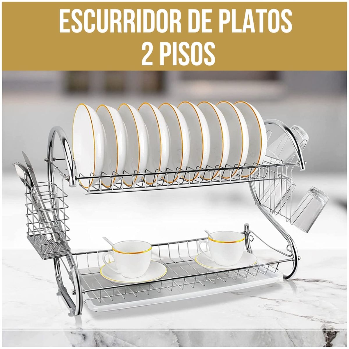 MINARI - Escurridor de Platos Cubiertos Vasos Organizador de 2 Niveles 11E