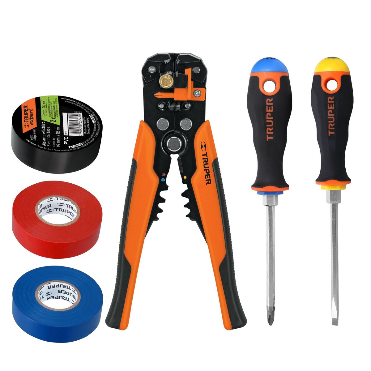 TRUPER - Kit pelacable ponchador, 2 desarmadores eléctricos, 3 cintas aislantes