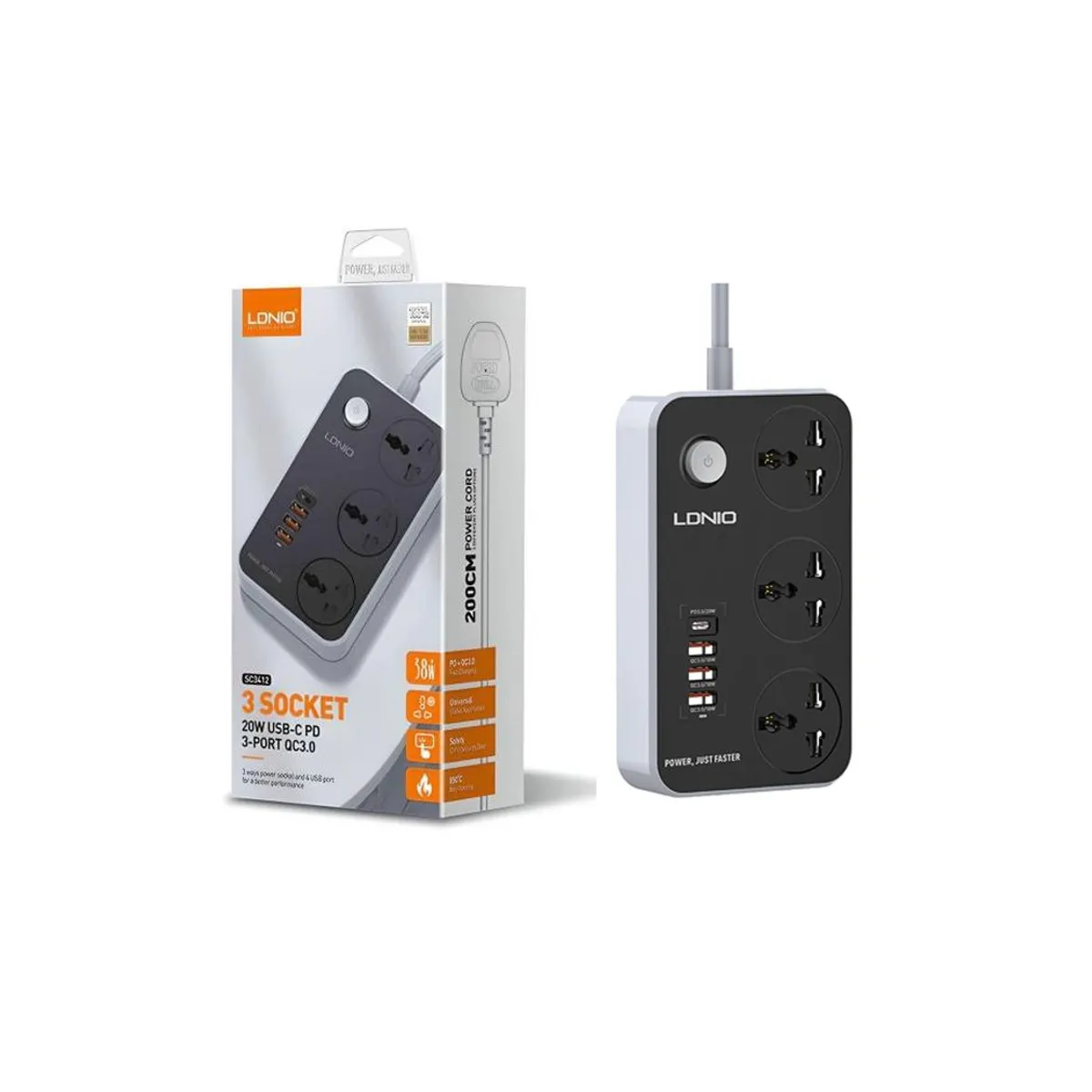 LDNIO - Extensión LDNIO SC3412 38W PD20W 2 Metros 3 Socket 4 USB