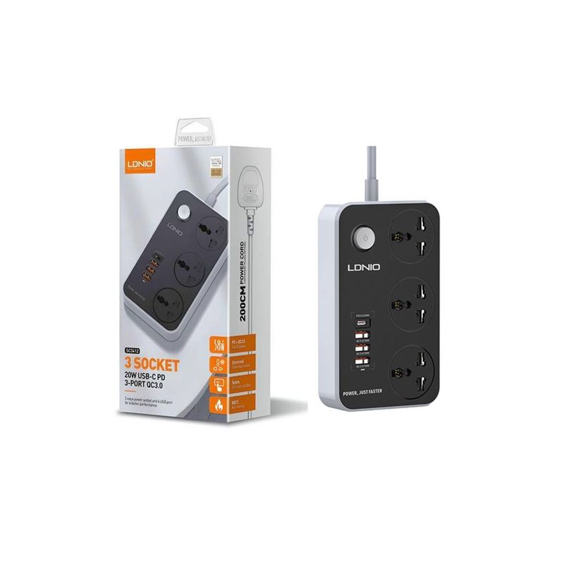 LDNIO - Extensión LDNIO SC3412 38W PD20W 2 Metros 3 Socket 4 USB