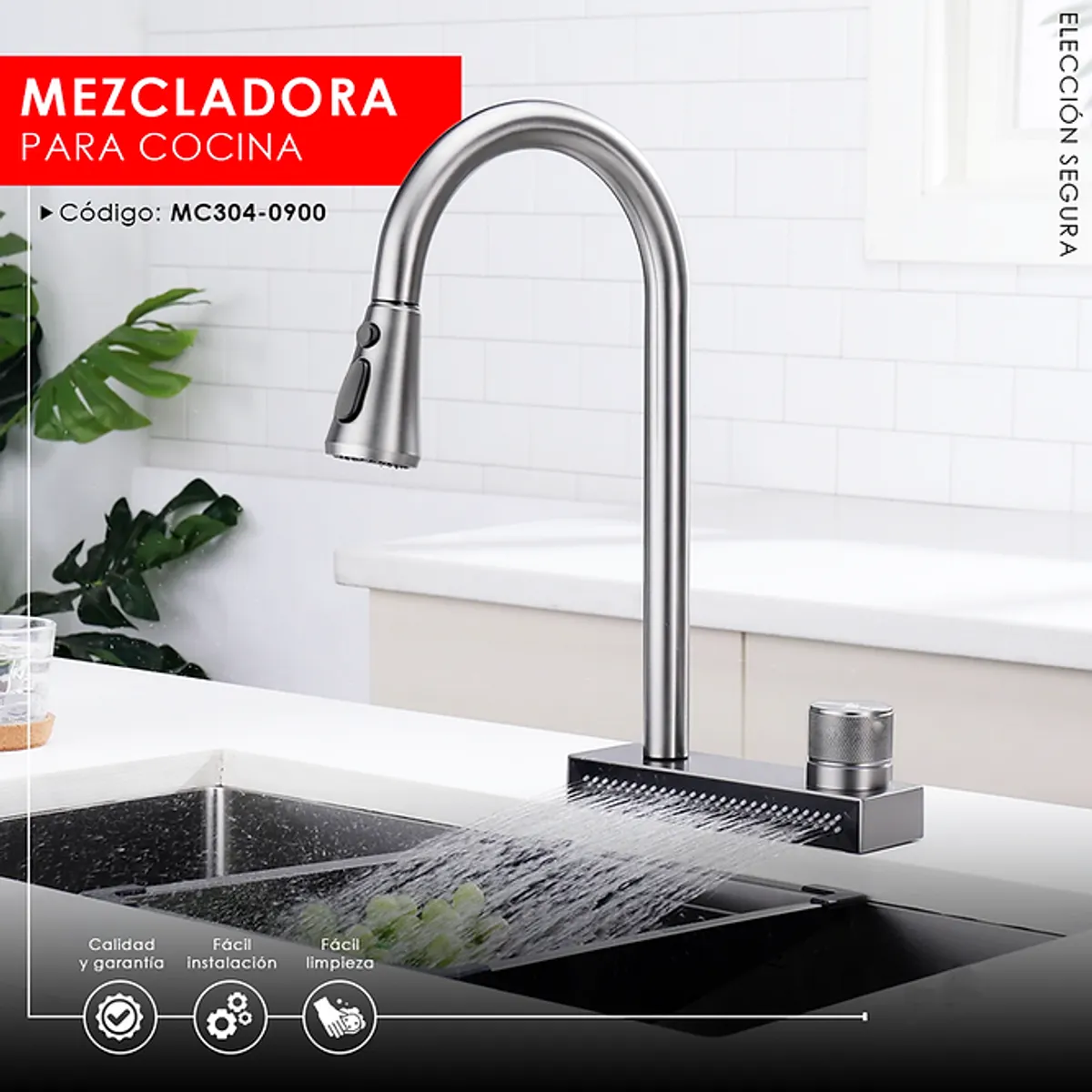 GENERICO - MEZCLADORA DE COCINA CASCADA SATINADO MC304-0900