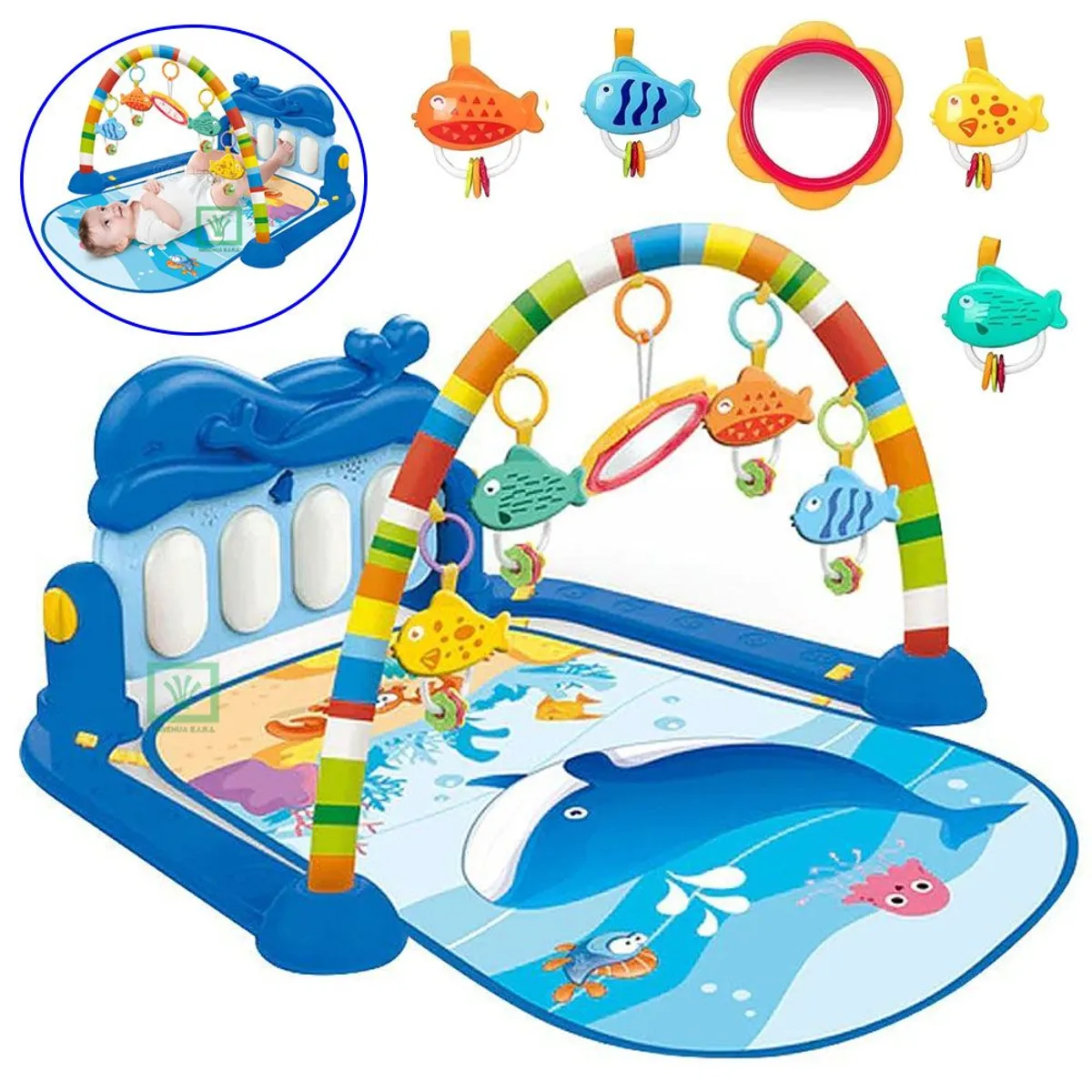 HUANGER - Gimnasio de bebe con Piano Musical Delfín HE0631 Azul