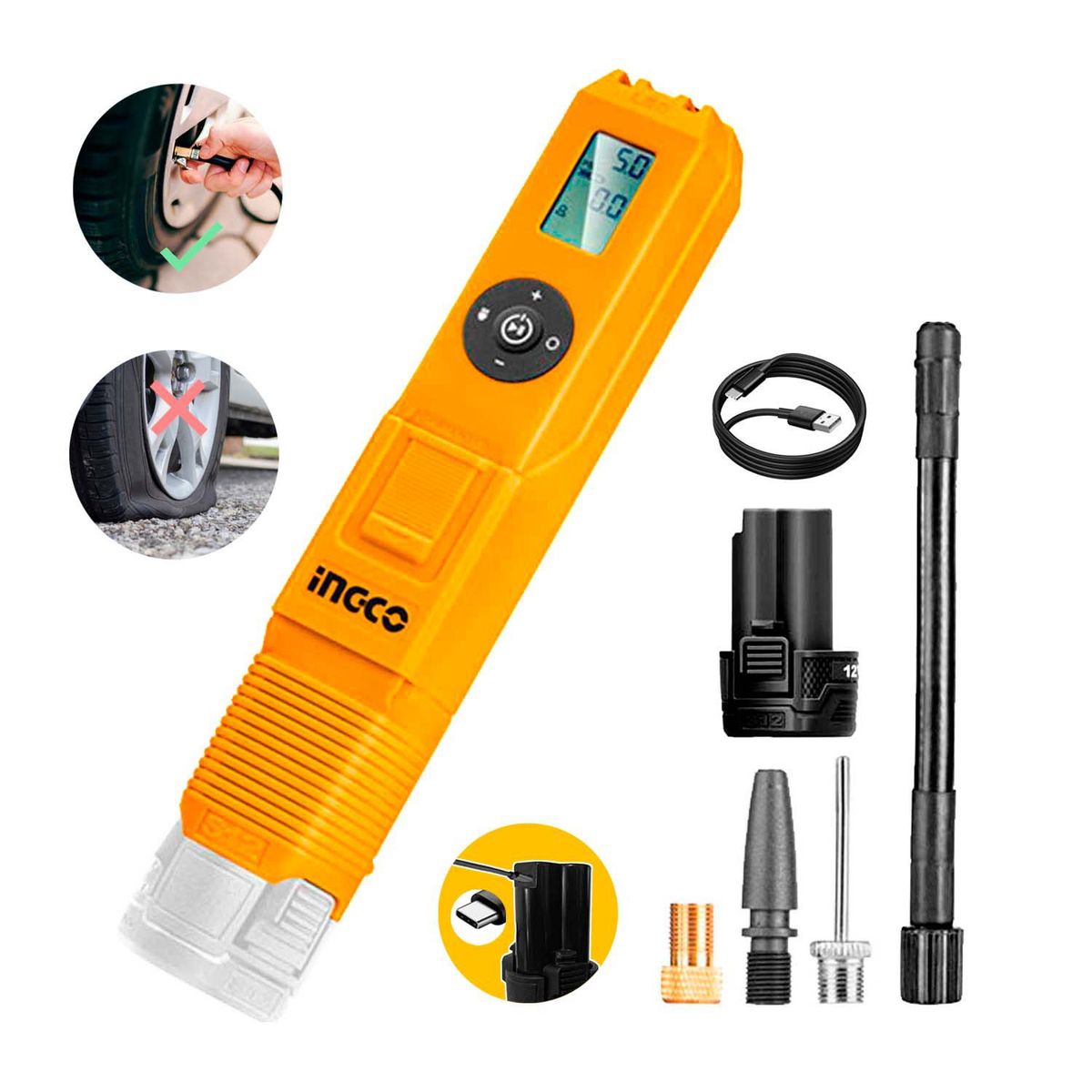 INGCO TOOLS - INFLADOR COMPRESOR 12V INALÁMBRICO LLANTAS - CACLI12012 WUB1501