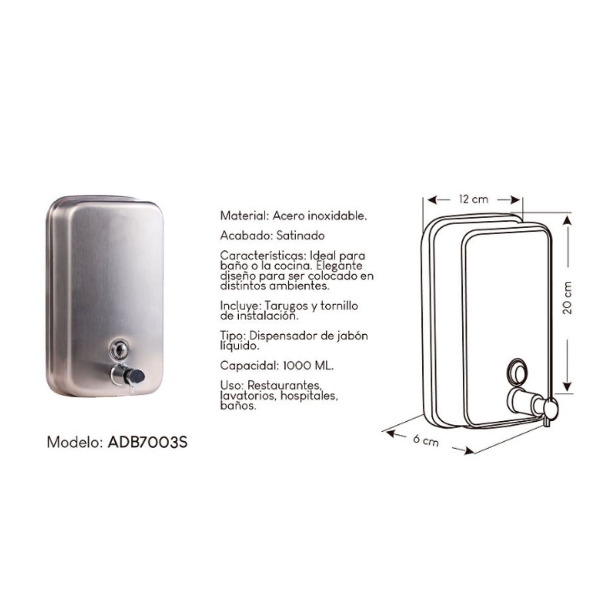 GENERICO - Dispensador de Jabón Líquido Acero Inoxidable XM 1 Litro